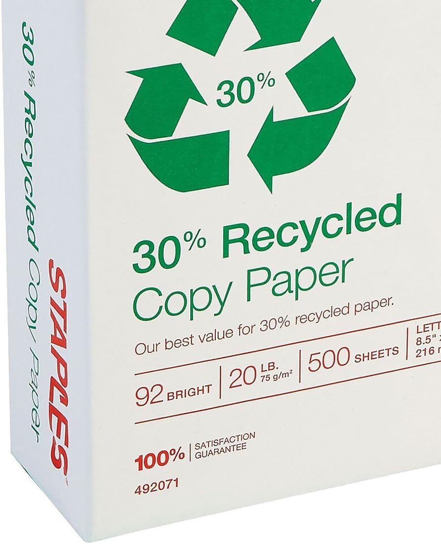 Staples 30% Recycled 8.5-Inch X 11-Inch Copy Paper 20 Lbs 92 Brightness 500/Ream, For Office, School & Home