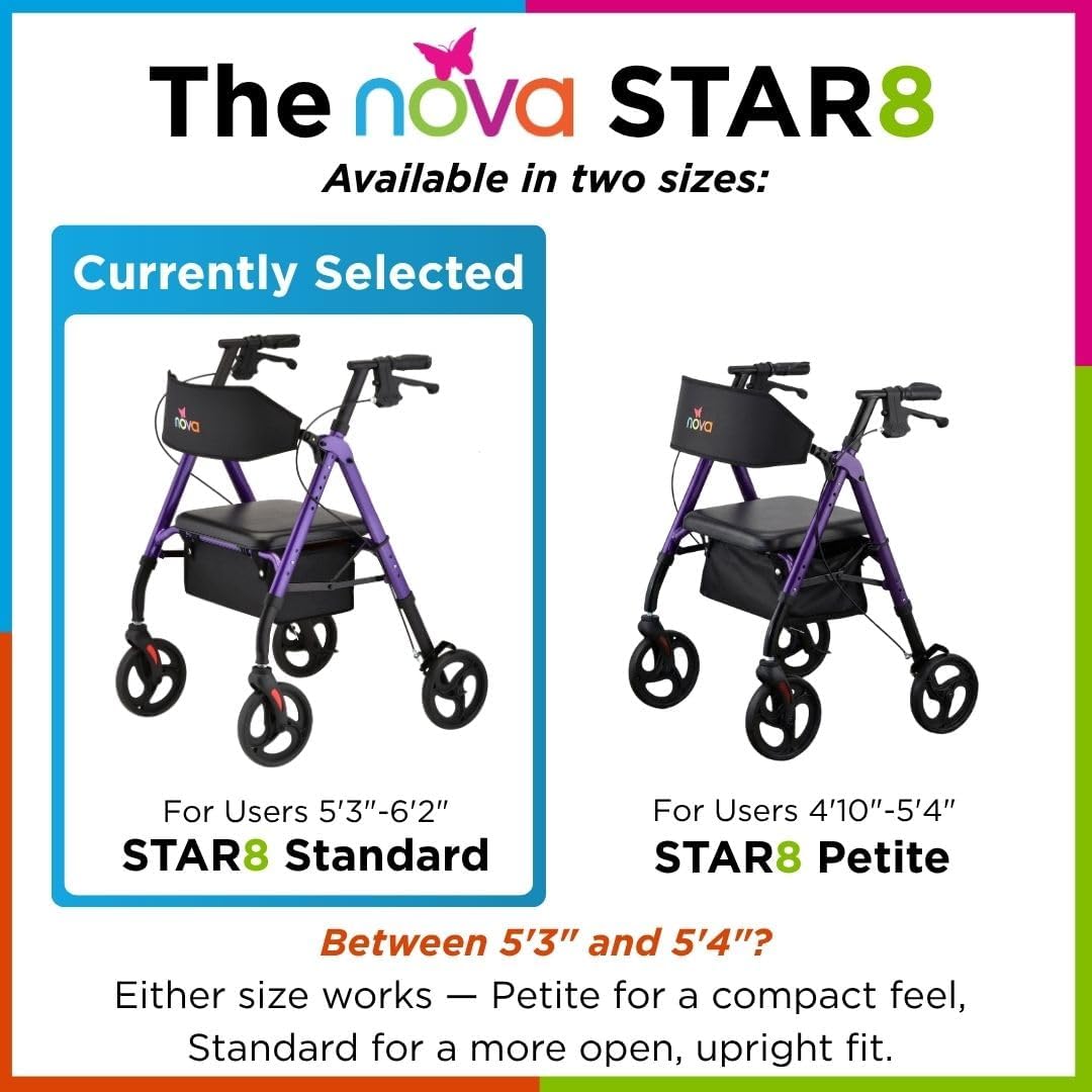 NOVA Star 8 Foldable Rollator Walker for Seniors (5'3"–6'2"), Wide Padded Backrest with Seat, 8” All-Terrain Wheels, Easy-Grip Locking Hand Brakes, Height Adjustable, Sky Blue