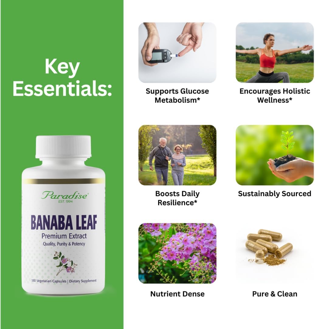 Paradise Herbs & Essentials Banaba Leaf Extract 250 mg, 180 Capsules | 12:1 concentrated formula, vegan, gluten free, non-GMO dietary supplement with a convenient daily serving format