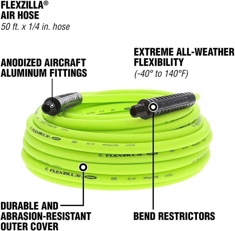 Flexzilla Air Compressor Hose, 3/8 in. x 50 ft., 1/4 in. MNPT Fittings, No-Kink, All Weather, Lightweight, Premium Hybrid Polymer, 300 PSI, ZillaGreen