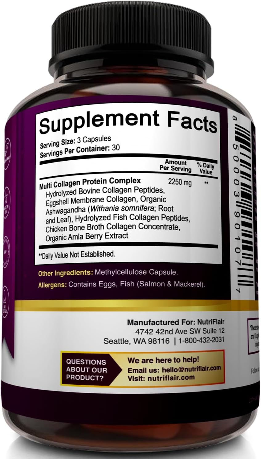NutriFlair Multi Collagen Peptides 2250mg, 90 Capsules - Type I, II, III, V