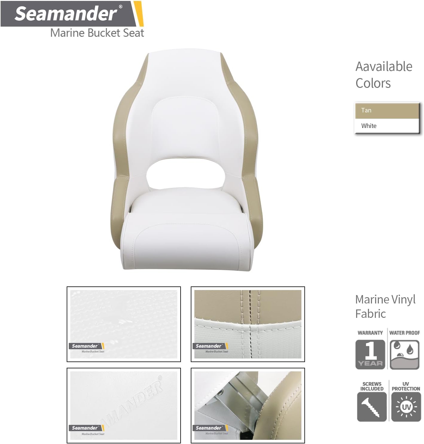 Seamander Boat Captains Chair,Captain Bucket Seat with Flip Up Bolster,Integral Rotomolded Frame, Premium EPDM Foam Material, Marine Grade Vinyl (A-White/Charcoal)