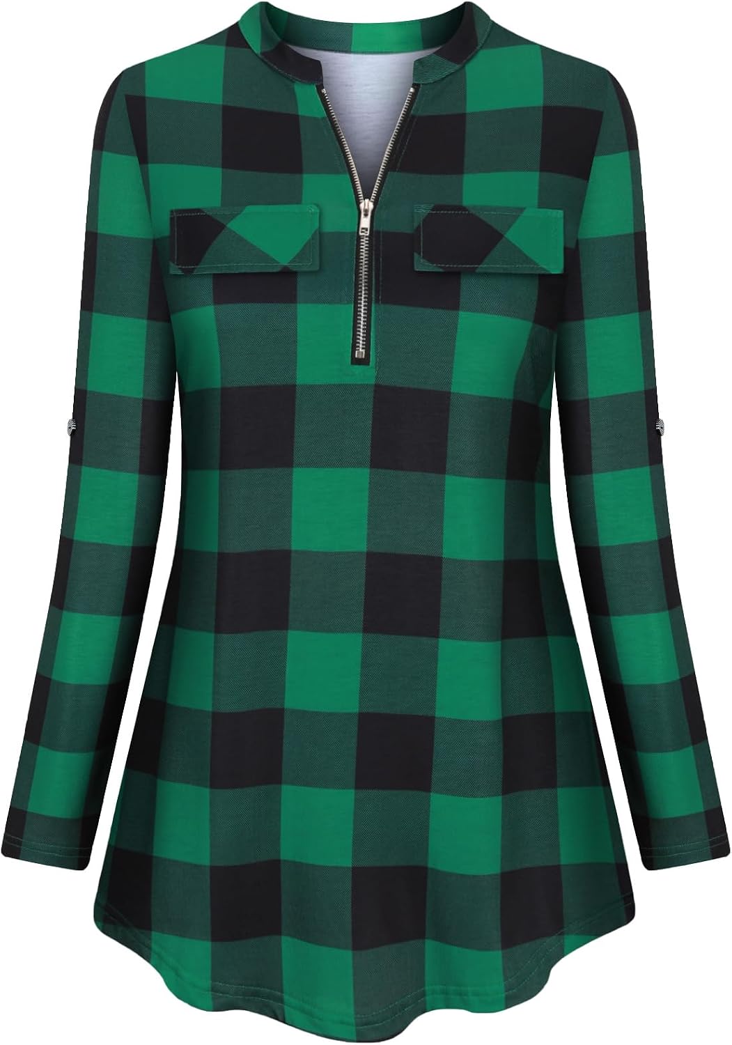 Tanst Sky Womens Casual Long Sleeve Zipped V Neck Plaid Tunic Blouses