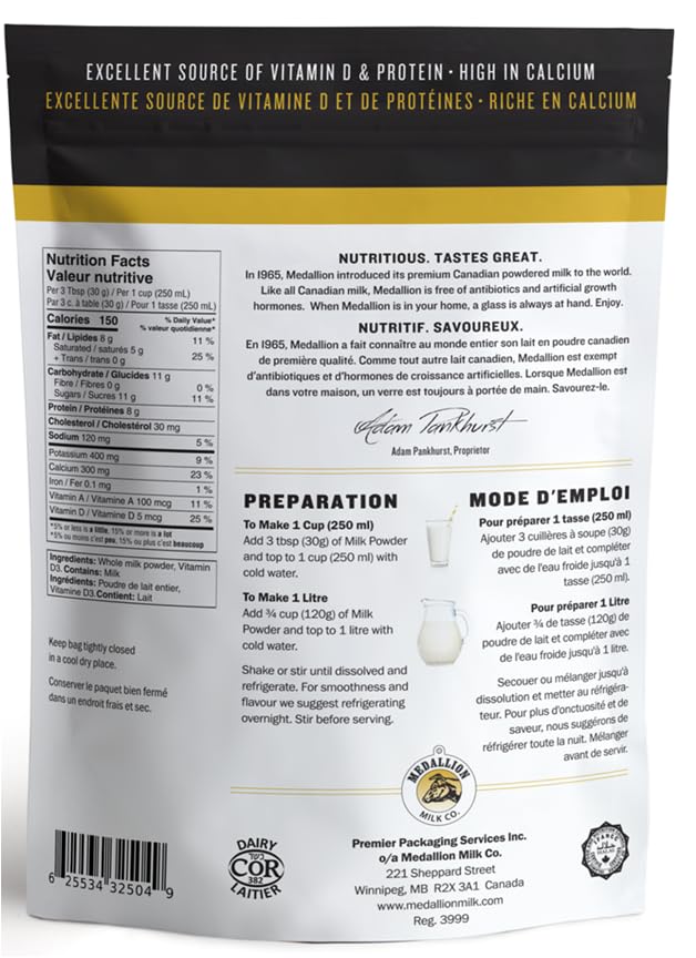 Medallion Brand Whole Milk Powder 500g 2 Pack - Dried Milk from Canada, Free of Antibiotics, No rbST or rBGH