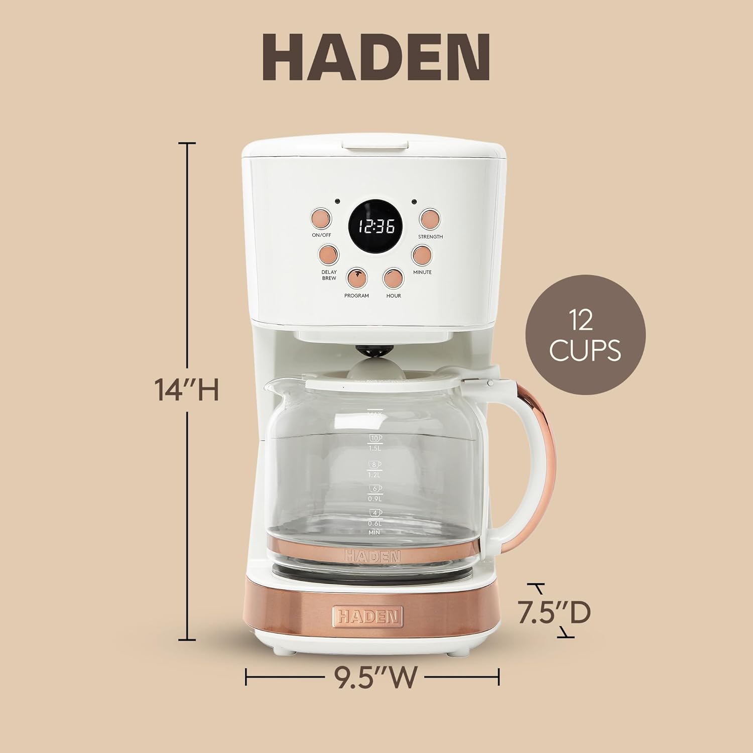 HADEN 12-Cup Programmable Coffee Maker for Home or Office, Putty & Chrome – Drip Brewer Machine with Brew Strength, Delay Brewing