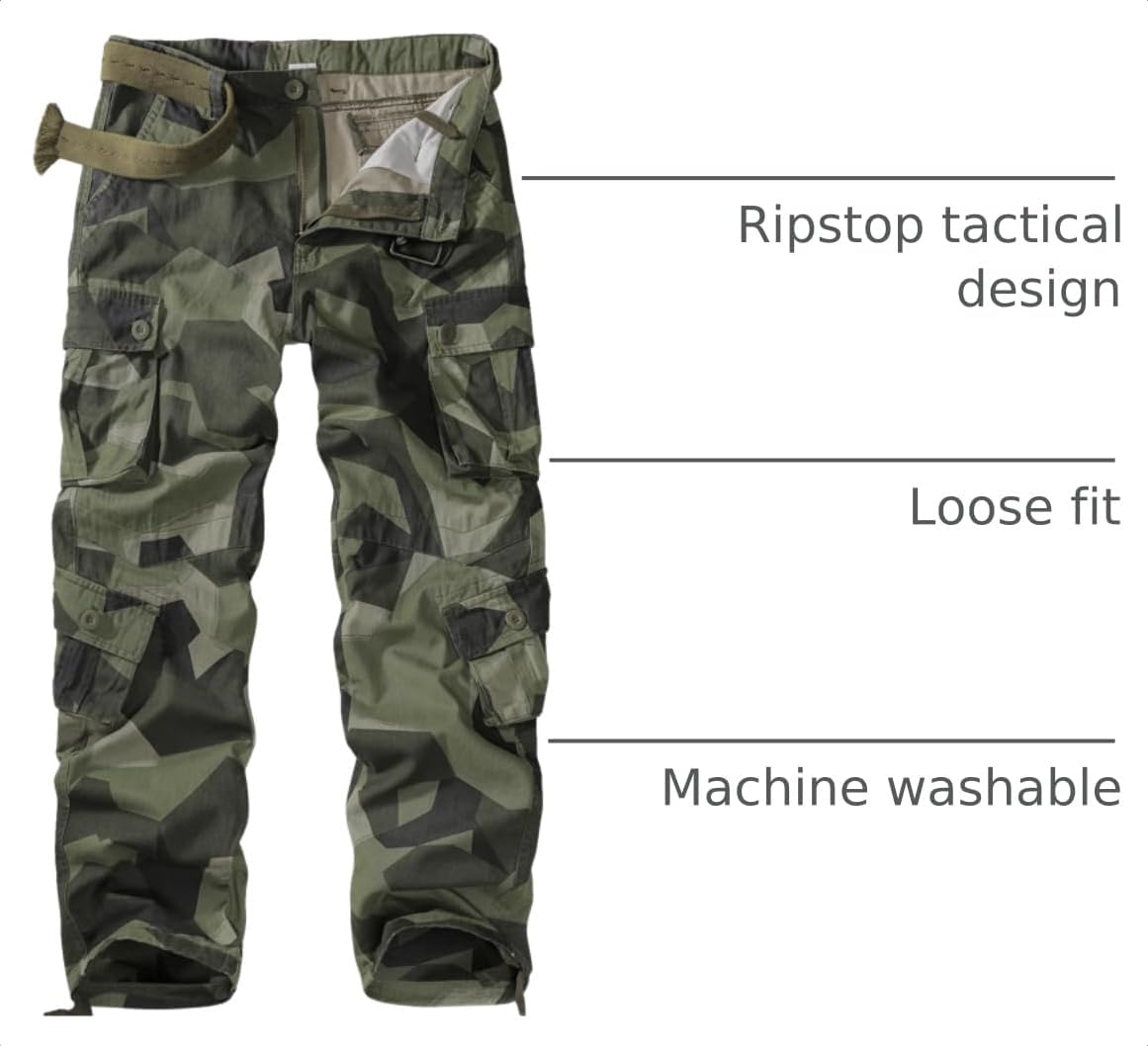 Mens Cargo Pants Camo Work Tactical Rip Stop BDU Casual Army Military Pants | 100% Cotton,Wear Resistant,Breathable,Sweat-absorbent,Men's Wild Cargo Pants with 8 Pockets,Relaxed Loose Fit Hiking Pants