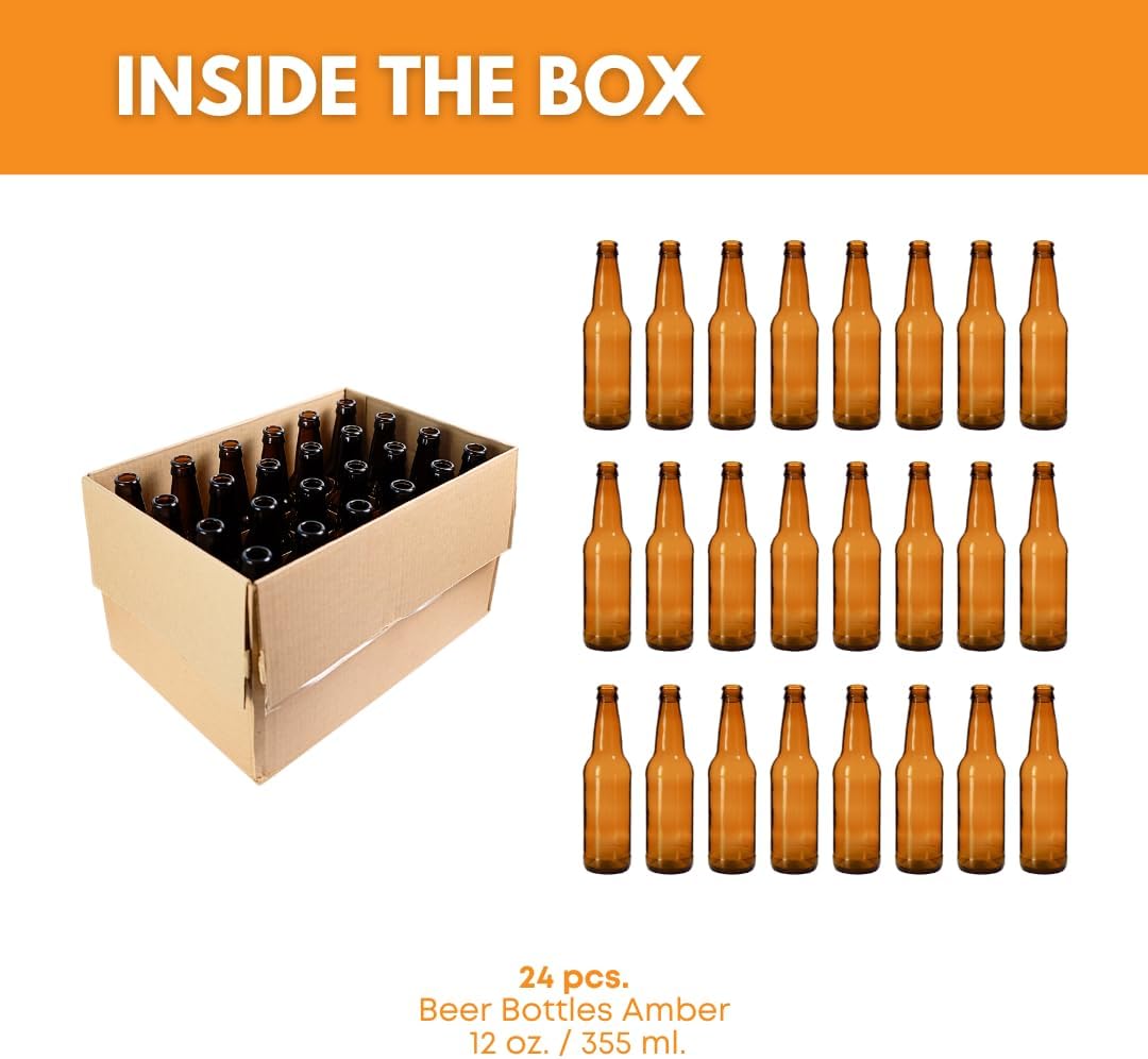 FastRack Amber Beer Bottles 12oz (Pack of 24) | Longneck Glass Beer Bottles with Pry-off Crown Finish for Home Brewing Mead