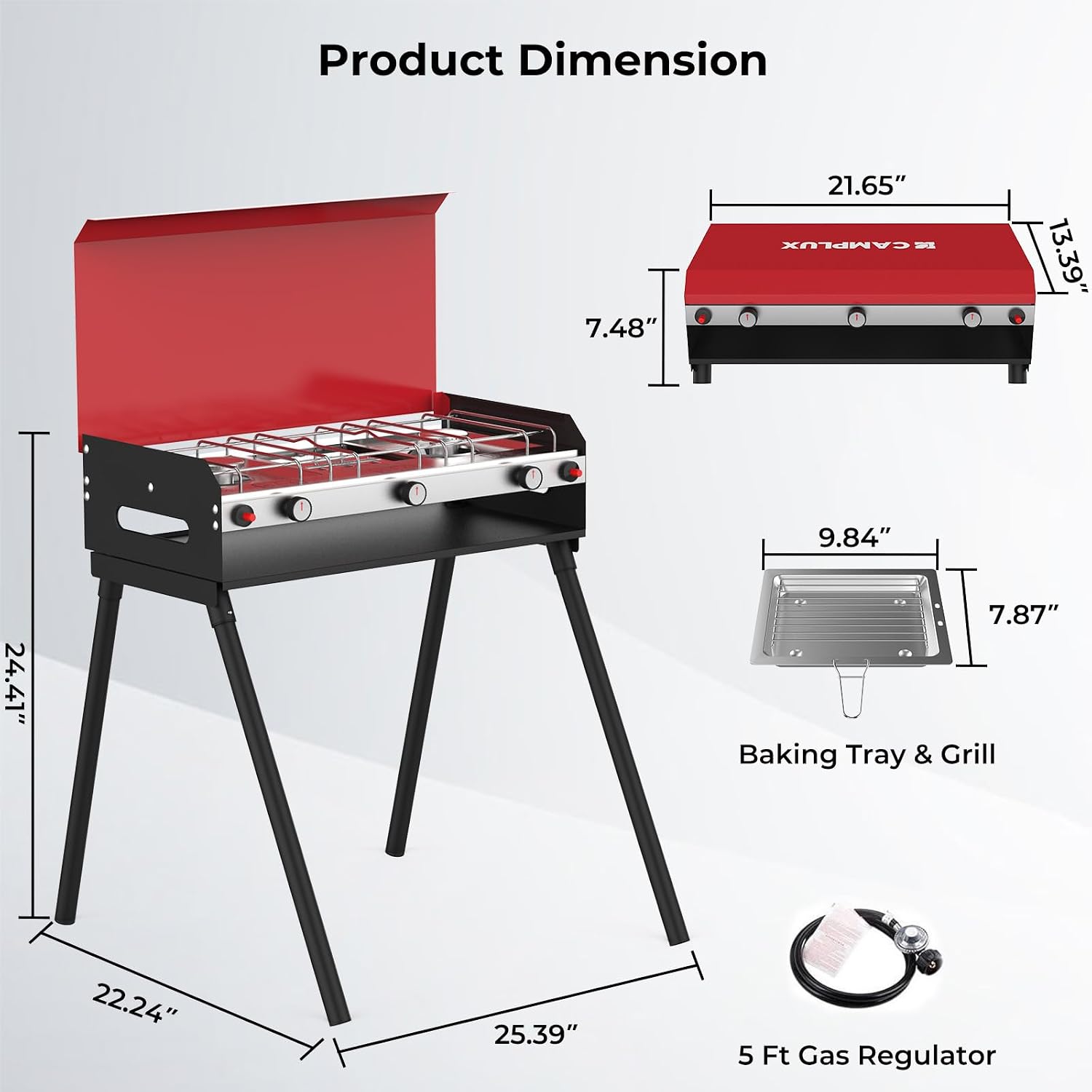 CAMPLUX 2 Burners & 1 Grill Propane Camping Stove, 15, 000 BTU Portable Outdoor Propane Camping Grill Burner with Free Standing Legs