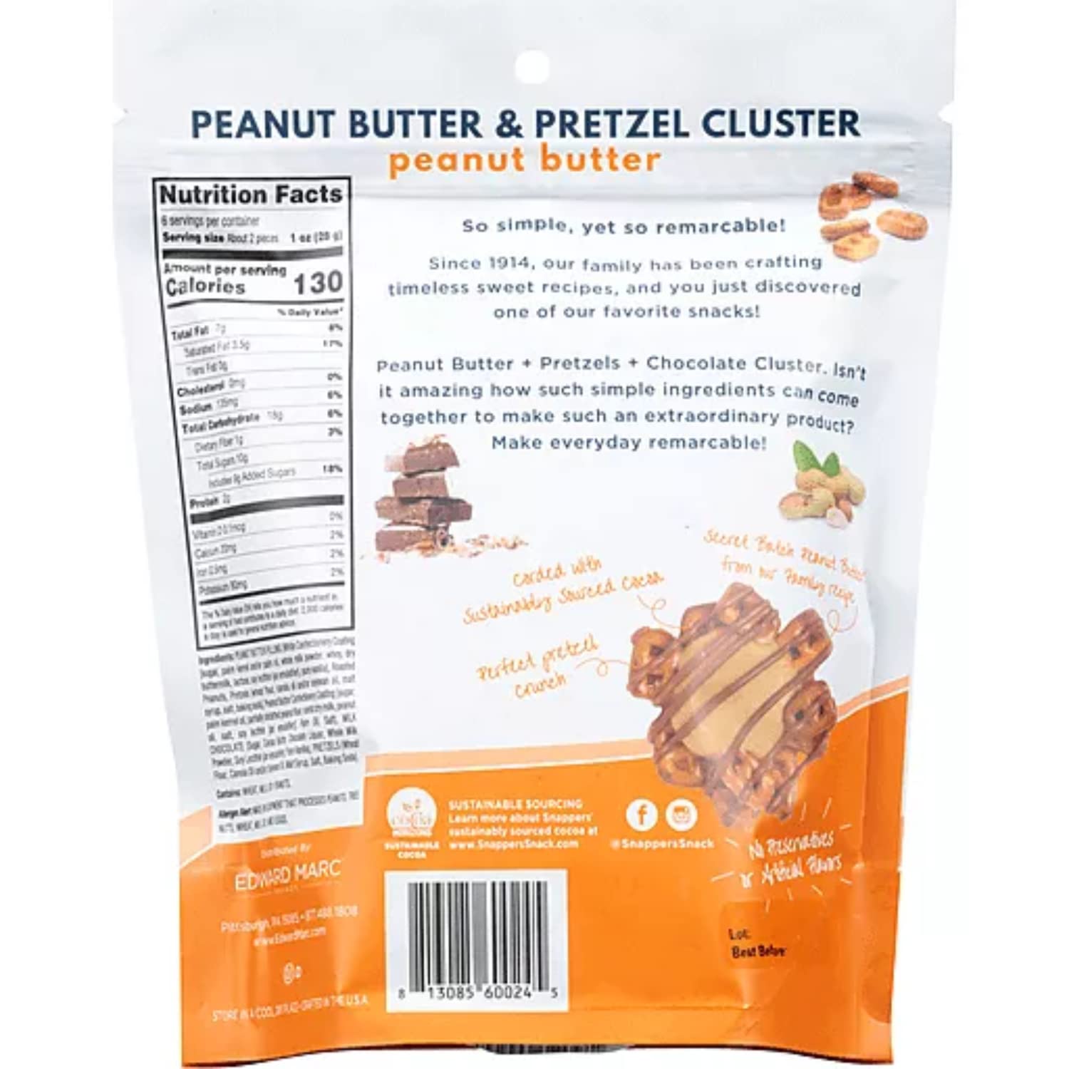 Edward Marc Snappers Sweet Caramel & Pretzels Cluster - Crunchy Pretzel Snack With Milk Chocolate For Adults And Kids - 6 oz (pack of 1)