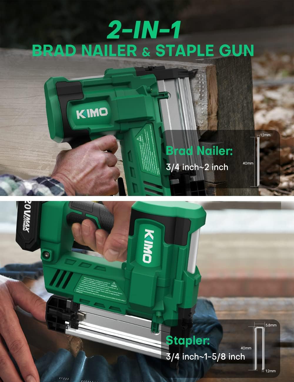 KIMO 18 Gauge Nail Gun Battery Powered w/ 2 X 2.0Ah Battery, 1000pcs Nails and Staples, 2 IN 1 Cordless Brad Nailer and Stapler, 2 Firing Modes