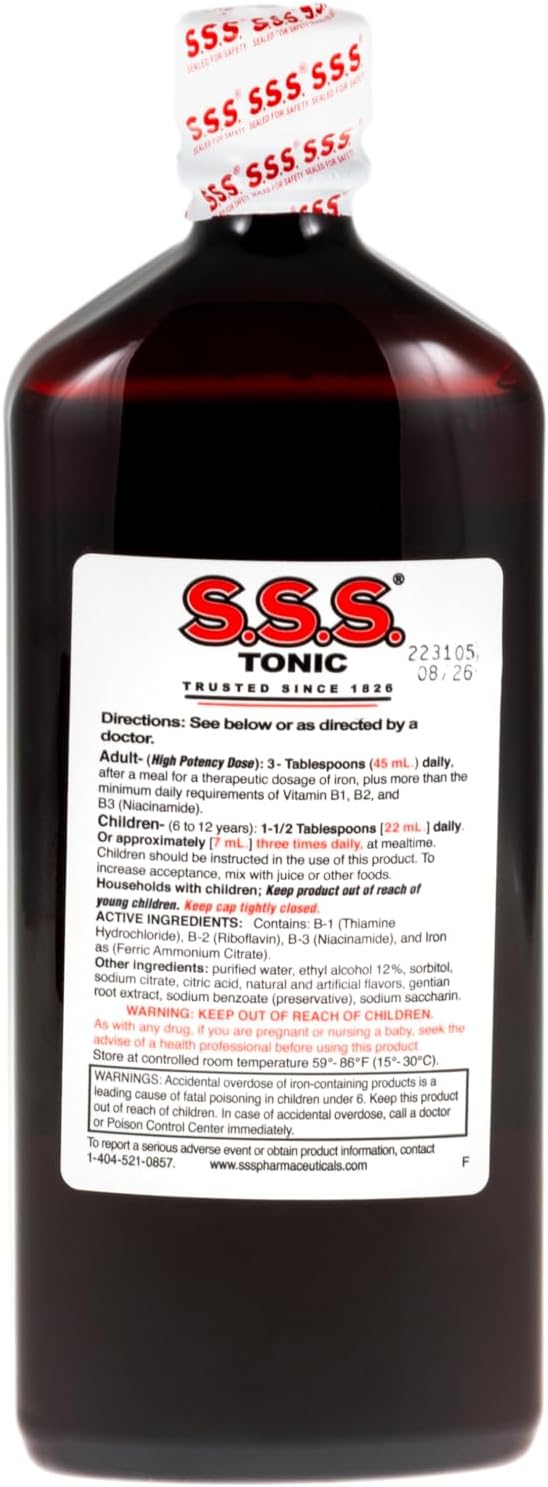 S.S.S. Tonic Liquid Iron & Vitamin B Supplement with B1, B2 & B3, 20 Fl Oz | High-potency, easy-to-take formula for daily energy support; made in USA
