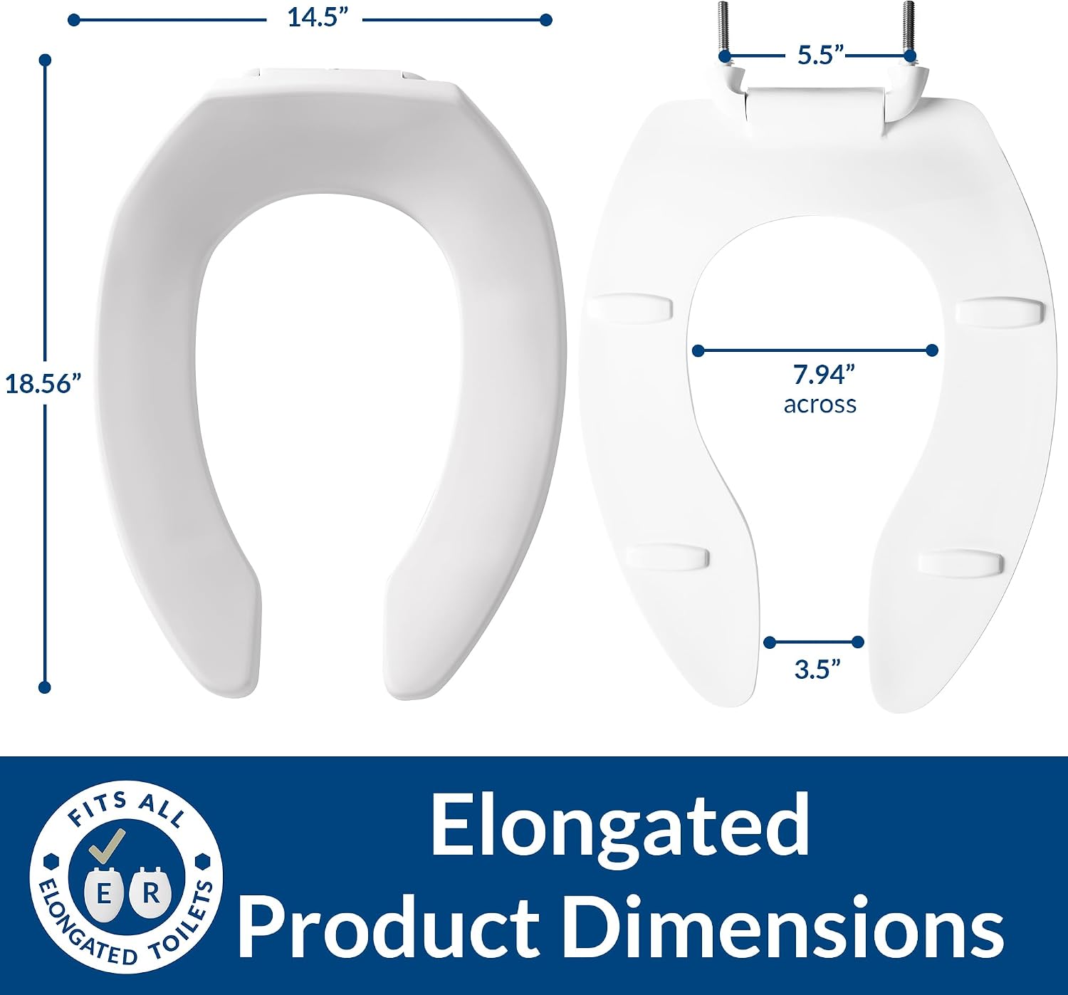CHURCH 295CT Commercial Open Front Plastic Toilet Seat, Heavy Duty Industrial Seat without Lid, Secure Installation for Long Lasting Use, Made in USA, Elongated, Black