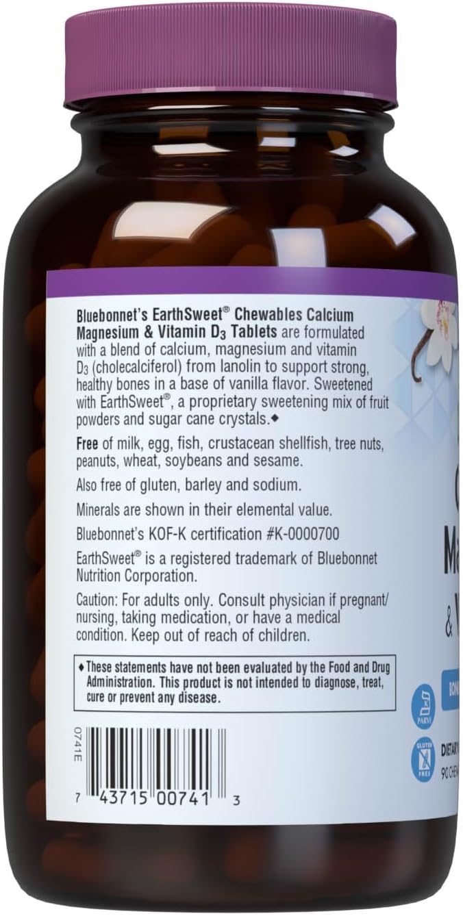 Bluebonnet Nutrition Calcium Magnesium Plus Vitamin D3 Earthsweet, Bone Health & Muscle Relaxation, Soy-Free, Gluten-Free, Kosher Certified, Dairy-Free, 90 Vanilla Flavored Chewable Tablets | Bone Health; Kosher Certified, Gluten-Free, Soy-Free, Dairy-Fr…