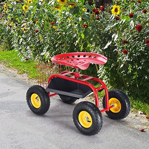 Giantex Rolling Garden Work Seat, 360 Swivel Gardening Workseat with Wheels, Tool Basket, Adjustable Height, Outdoor Scooter for Sitting, Gardening Stool Chair for Planting Trimming, Red