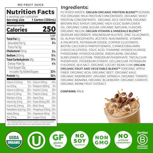 Orgain Organic Grass Fed Dairy 16g Protein Shake, Vanilla, 11oz, 12pk | Ready to drink grass-fed dairy protein, meal replacement, 20 vitamins & minerals, fruits & vegetables, non-GMO, gluten-free