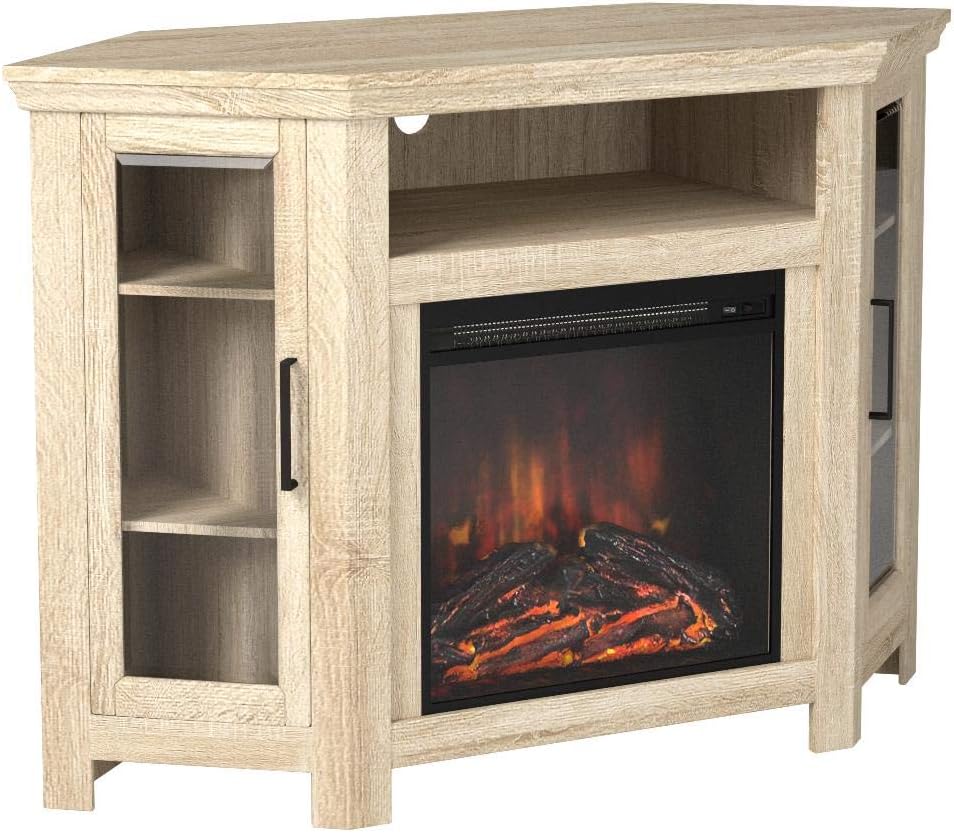 Walker Edison Alcott Classic Glass Door Fireplace Corner TV Stand for TVs up to 55 Inches, 48 Inch, White Oak