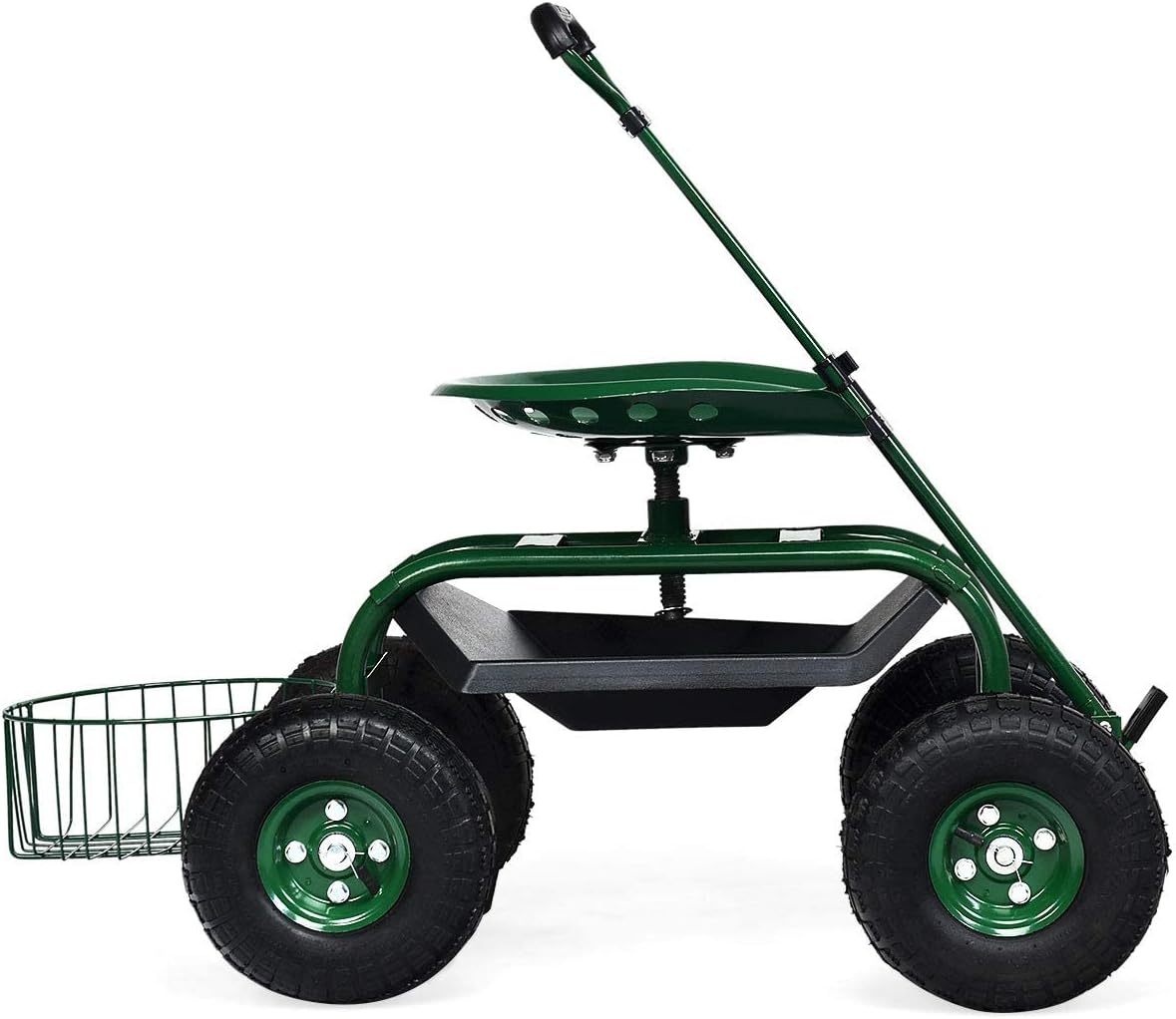 Goplus Rolling Garden Cart with Seat, Outdoor Garden Stool with Wheels, Tool Tray & Basket, Adjustable Steering Handle