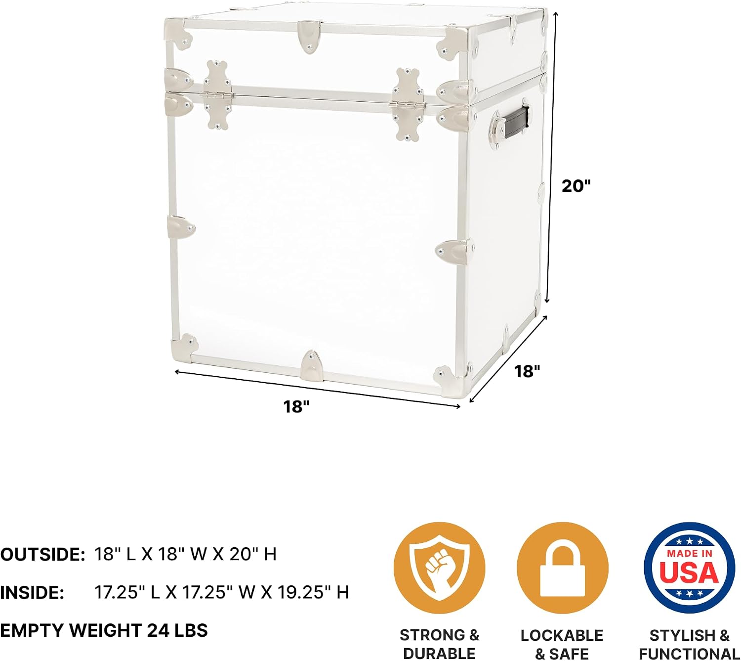 Rhino Classic Cube Trunk, College Dorm Footlocker & Home Storage End Table | 18"L x 18"W x 20"H, 1500+ lb Capacity, Baltic Birch Plywood, Nickel Plated Steel, Durable, Office Storage, Dorm Room