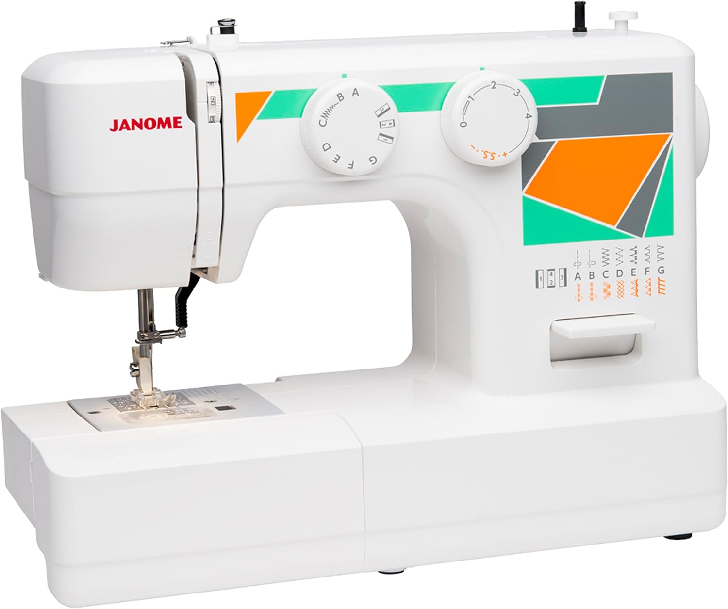 Janome MOD-19 Easy-to-Use Sewing Machine with 19 Stitches, Automatic Needle Threader and 5-Piece Feed Dogs,white