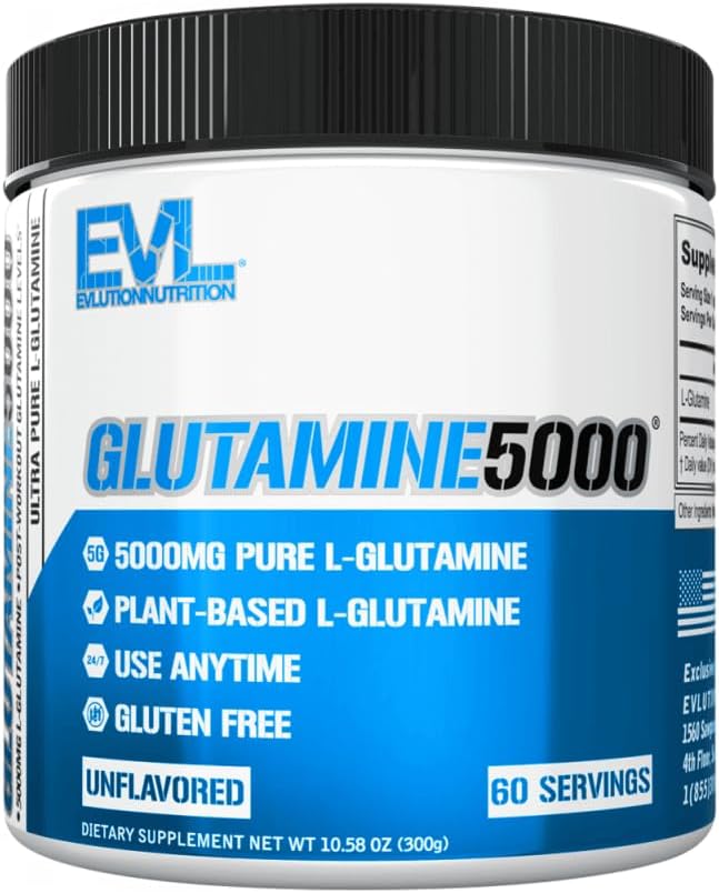 EVL L-Glutamine Powder Supplement for Post Workout Recovery, Vegan | Pure 5g L-Glutamine formula supports post-workout recovery, muscle performance
