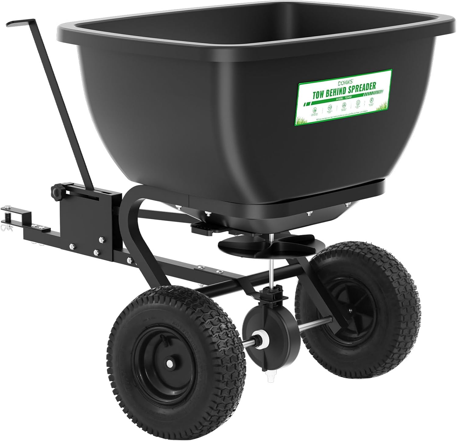 Tow Behind Broadcast Spreader, 200 LB Capacity, Fertilizer Spreader Holds up to 550 lbs with 13" Pneumatic Tires and Adjustable Flow Control Lever