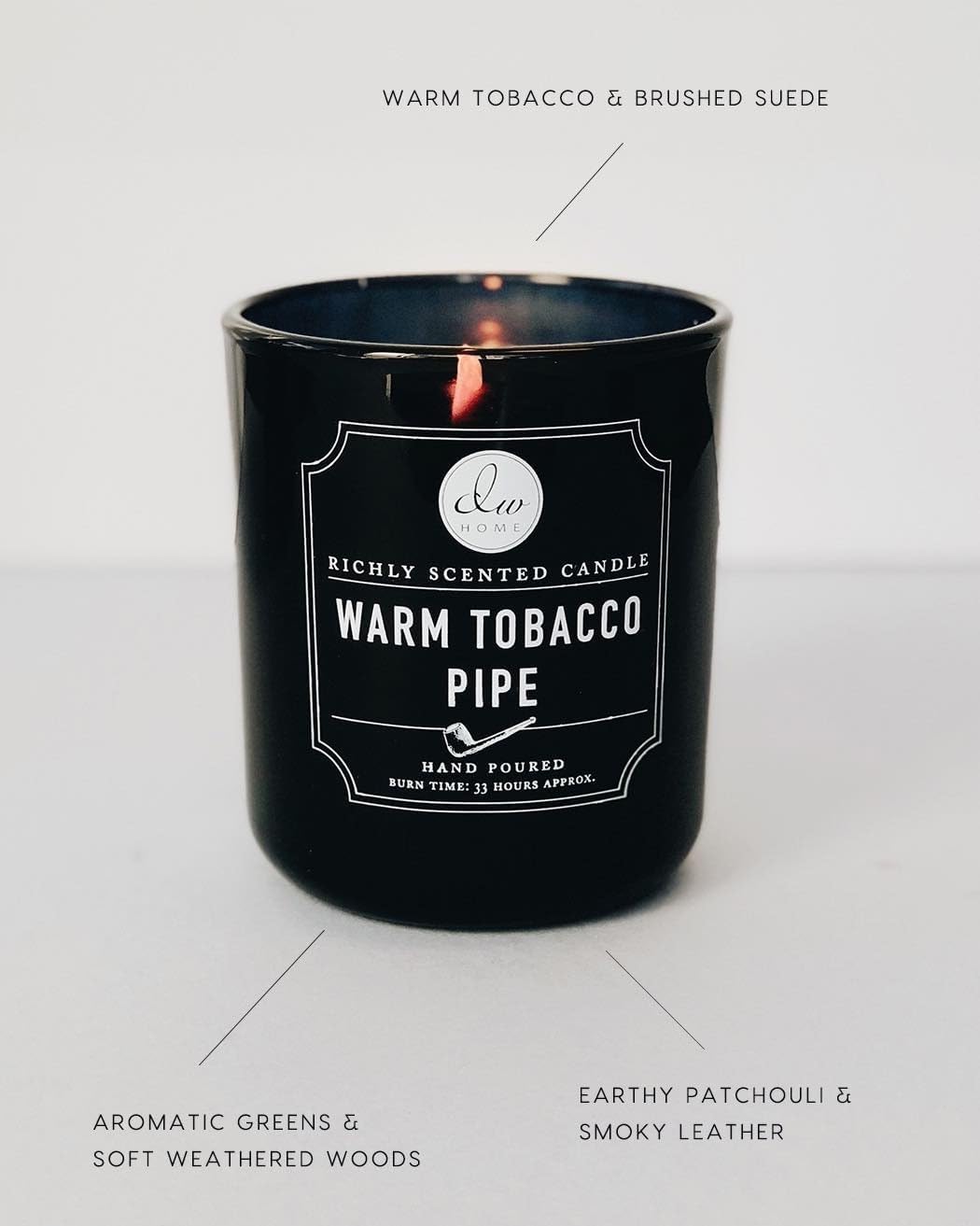 DW Home Warm Tobacco Pipe Scented Candles, 15 oz Large Double Wick Jar, Up to 56 Hour Burn Time, Strong Long Lasting Woodsy Fragrance, Gifts for Men & Women