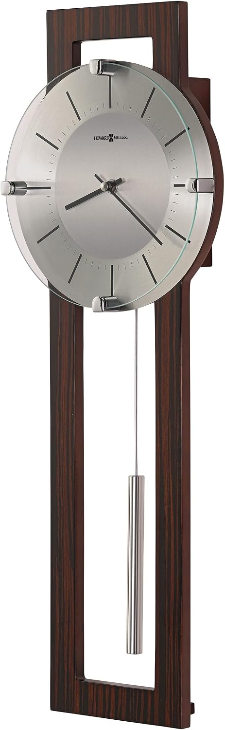 Howard Miller Mela Wall Clock with Pendulum | Wooden Frame, Silver Dial, Analog Quartz | Modern Minimalist Decor for Living Room, Office