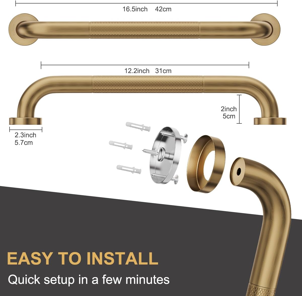 FANHAO 2 Pack Shower Grab Bar, 16 Inch Stainless Steel Bathroom Grab Bar with Anti-Slip Knurled Grip, Heavy Duty Shower Handle Bath Handle