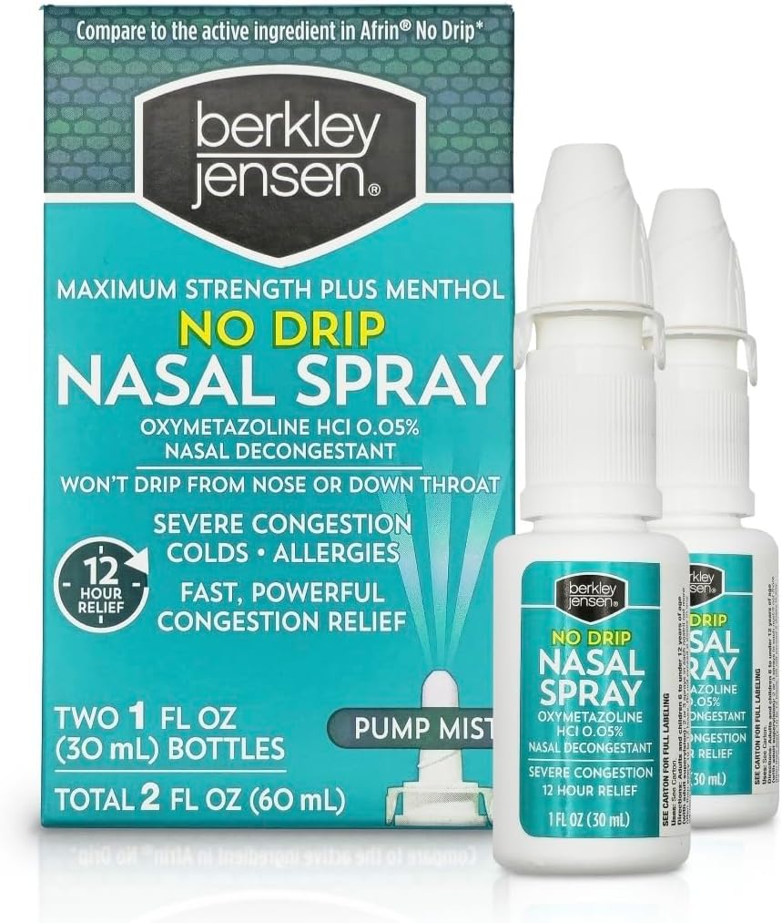 Berkley Jensen No Drip Severe Congestion Nasal Spray - Maximum Strength Decongestant with Oxymetazoline HCl & Menthol - Pump Mist Applicator, No Steroid, 12 Hour Relief, 1 Fluid Ounce (Pack of 3)