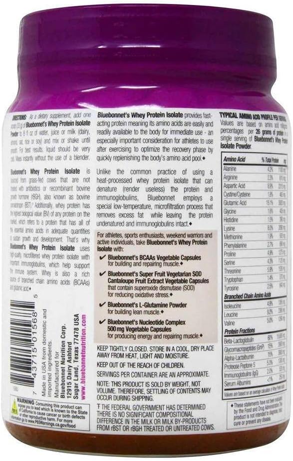 Bluebonnet Nutrition Whey Protein Isolate Powder, Whey from Grass Fed Cows, 26 Grams of Protein, No Sugar Added, Gluten Free, Soy Free, Kosher Dairy, 2.2 lbs, 32 Servings, Original Unflavored | Kosher