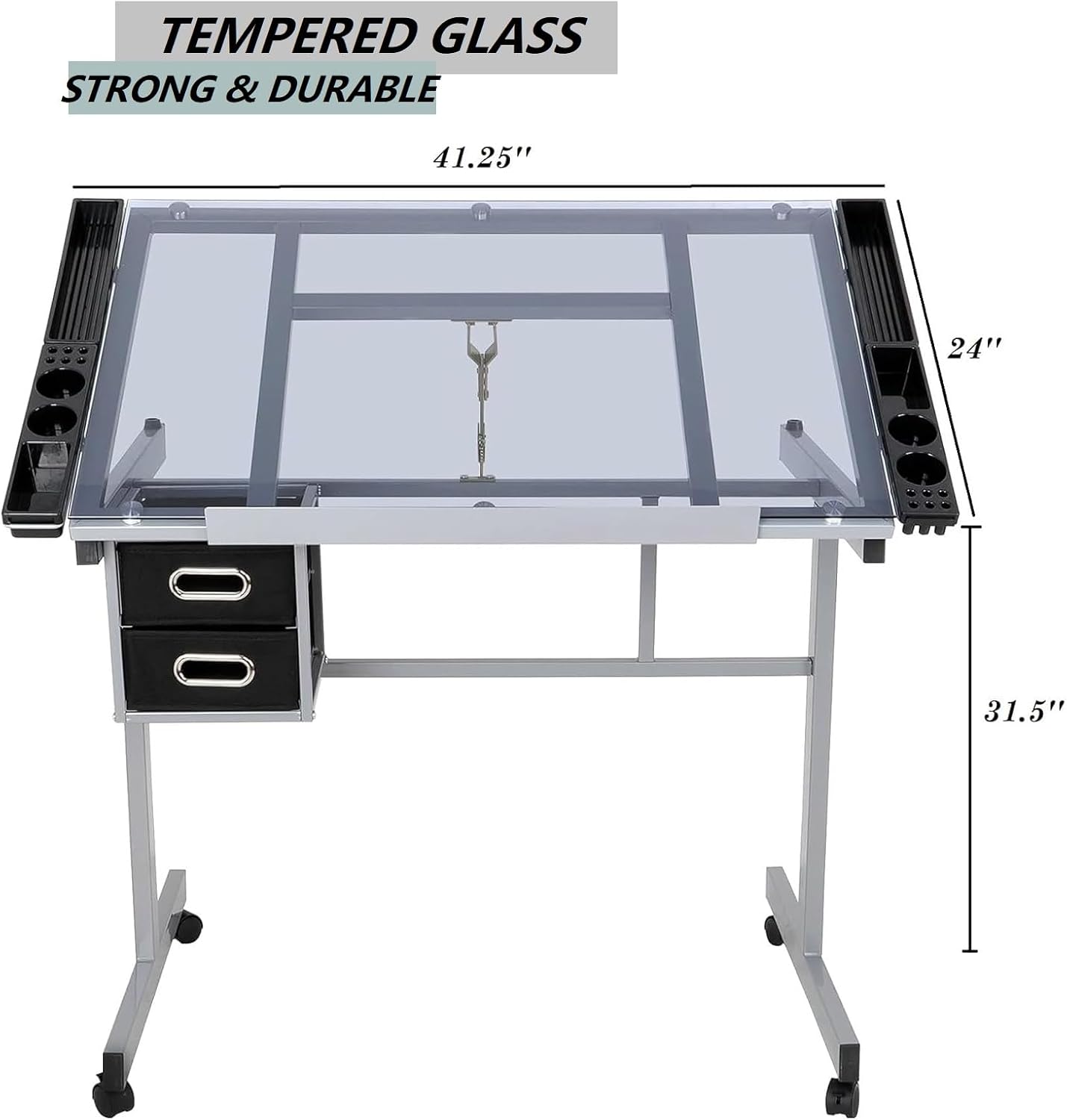 ZENY Drafting Table on Wheels with Storage Drawers, Adjustable Glass Tabletop, Craft Table Drawing Desk Artist Hobby Table for Painting, Drawing