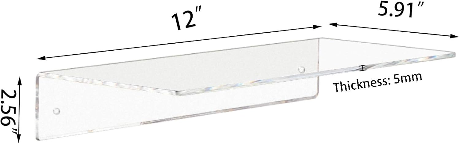 Weiai Clear Acrylic Shelves 12 Inch, Floating Wall Mounted Shelf for Wall Storage, Set of 2