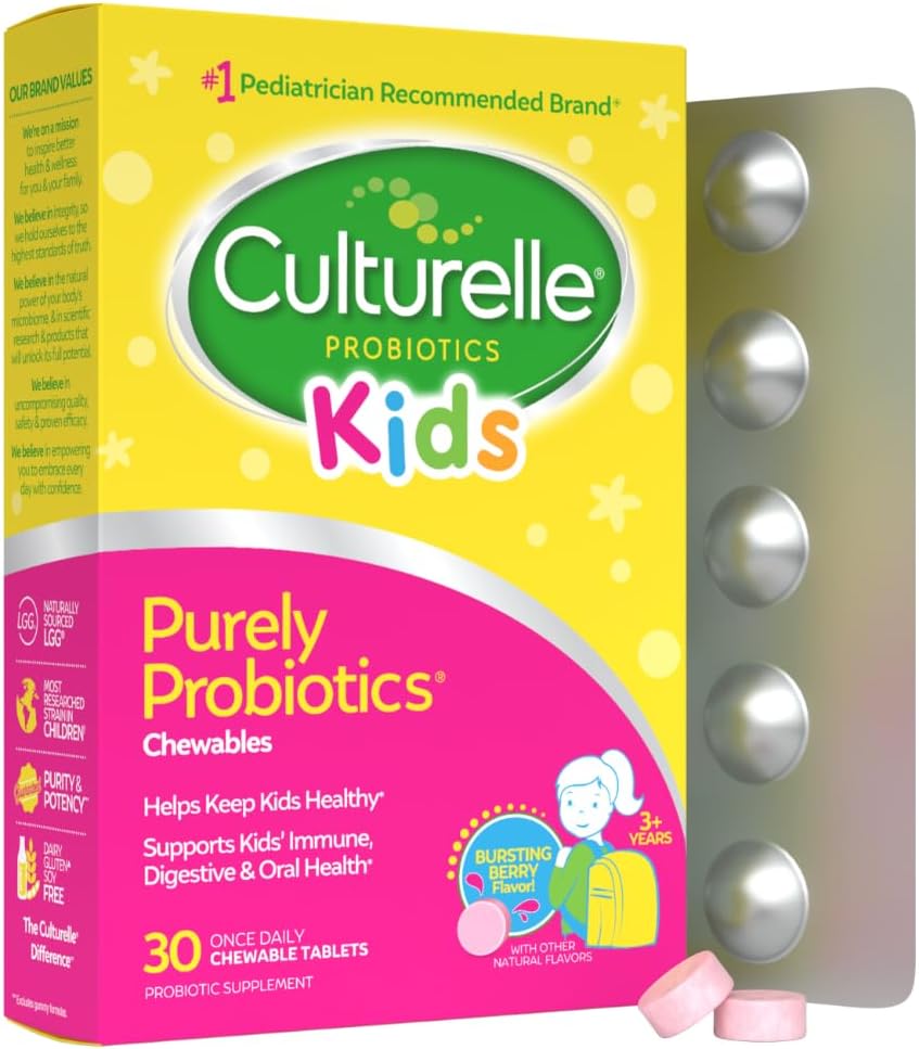 Culturelle Daily Chewable Probiotics for Kids Ages 3+, Berry Flavor, 30 Ct | From the #1 Pediatrician Recommended Brand± Promotes Digestive Gut Health, Oral Care & Immune Support* 5B CFUs, Gluten Free