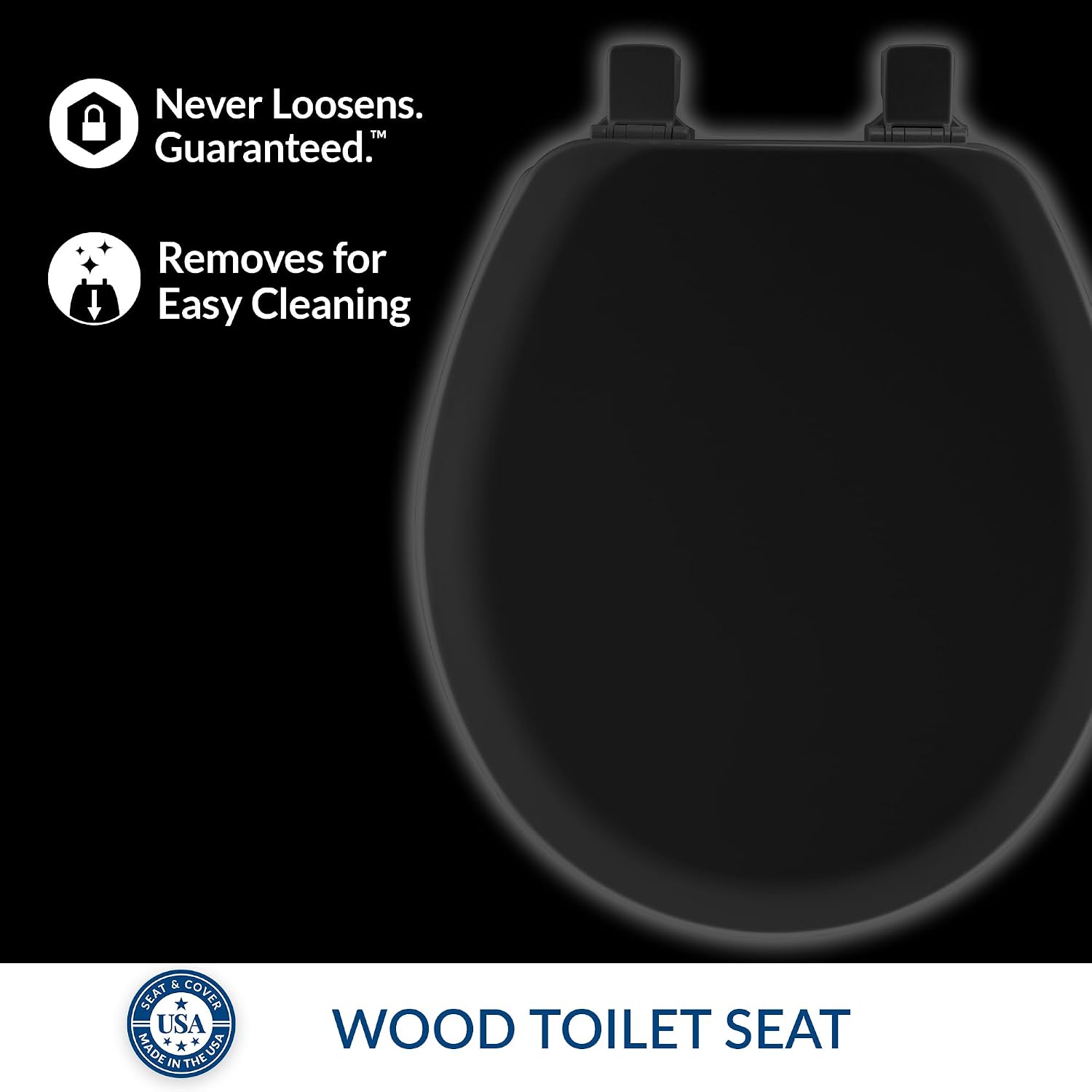 Mayfair Cameron Black Toilet Seat, Non Slip Heavy Duty Wood, Easy Clean, Made in USA, Round