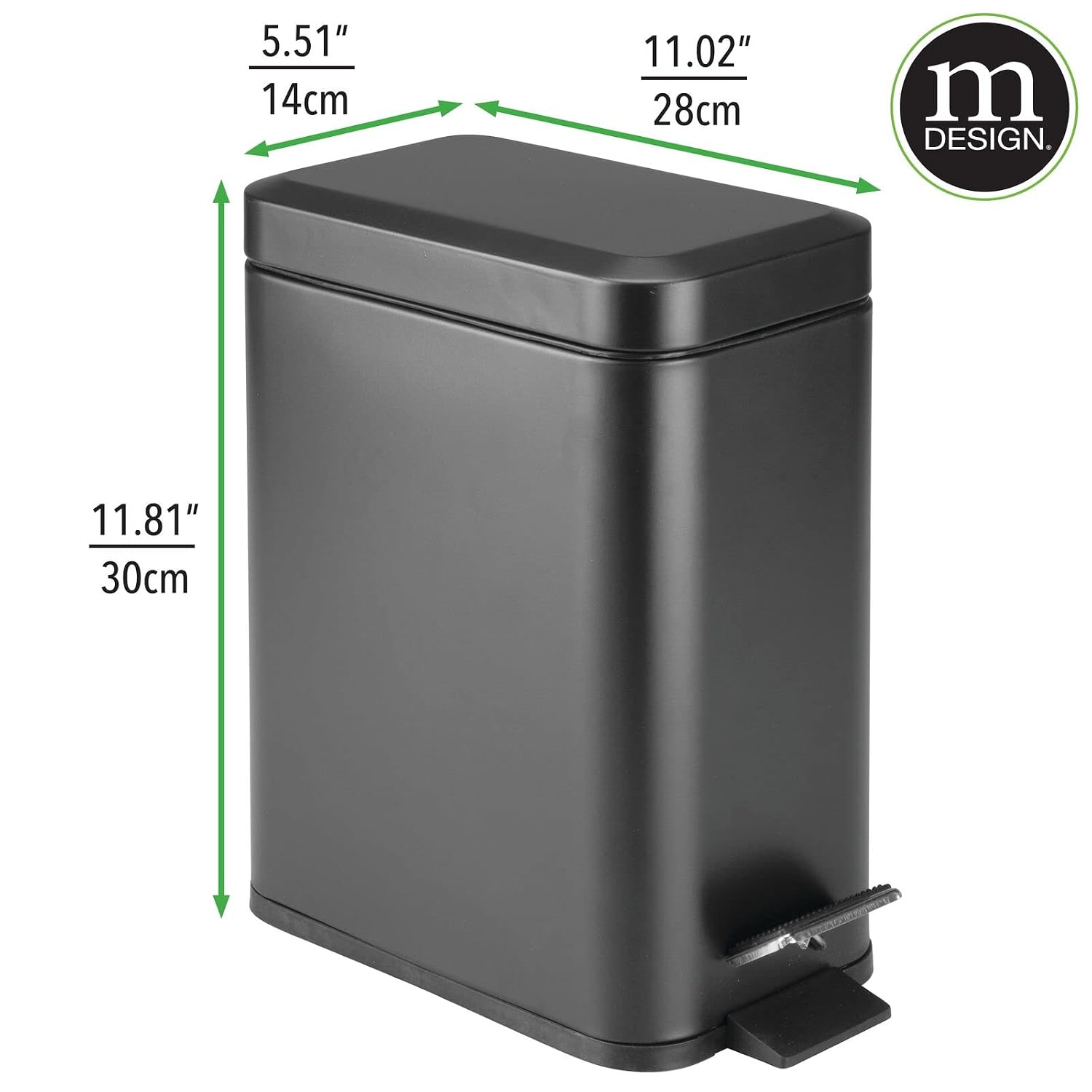 mDesign Metal Freestanding Slim Toilet Bowl Brush and Holder + Rectangle Narrow 5 Liter / 1.3 Gallon Step Pedal Trash Can Wastebasket for Bathroom
