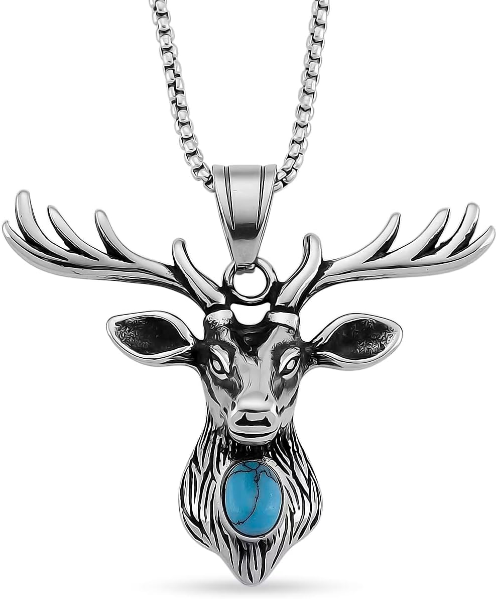 Blue Howlite 0.50 ctw Majestic Stag Necklace in Steel 20-22 Inches