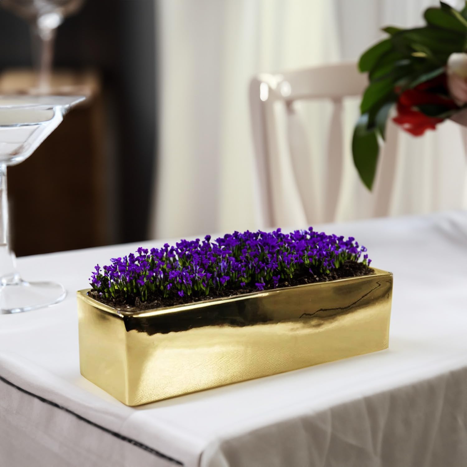 WGVI Long Rectangle Ceramic Planter Vase in White 14" x 4" x 4"H, Rectangular Box Block Terrarium Pot, Flower Arrangement, Tabletop Centerpiece