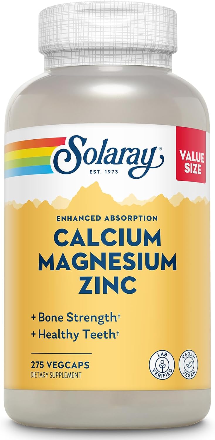 SOLARAY Calcium Magnesium Zinc, 275 VegCaps | Bone, Muscle, Heart & Immune Support, Calcium, Magnesium & Zinc Complex, 68 Servings, Vegan, Lab Verified