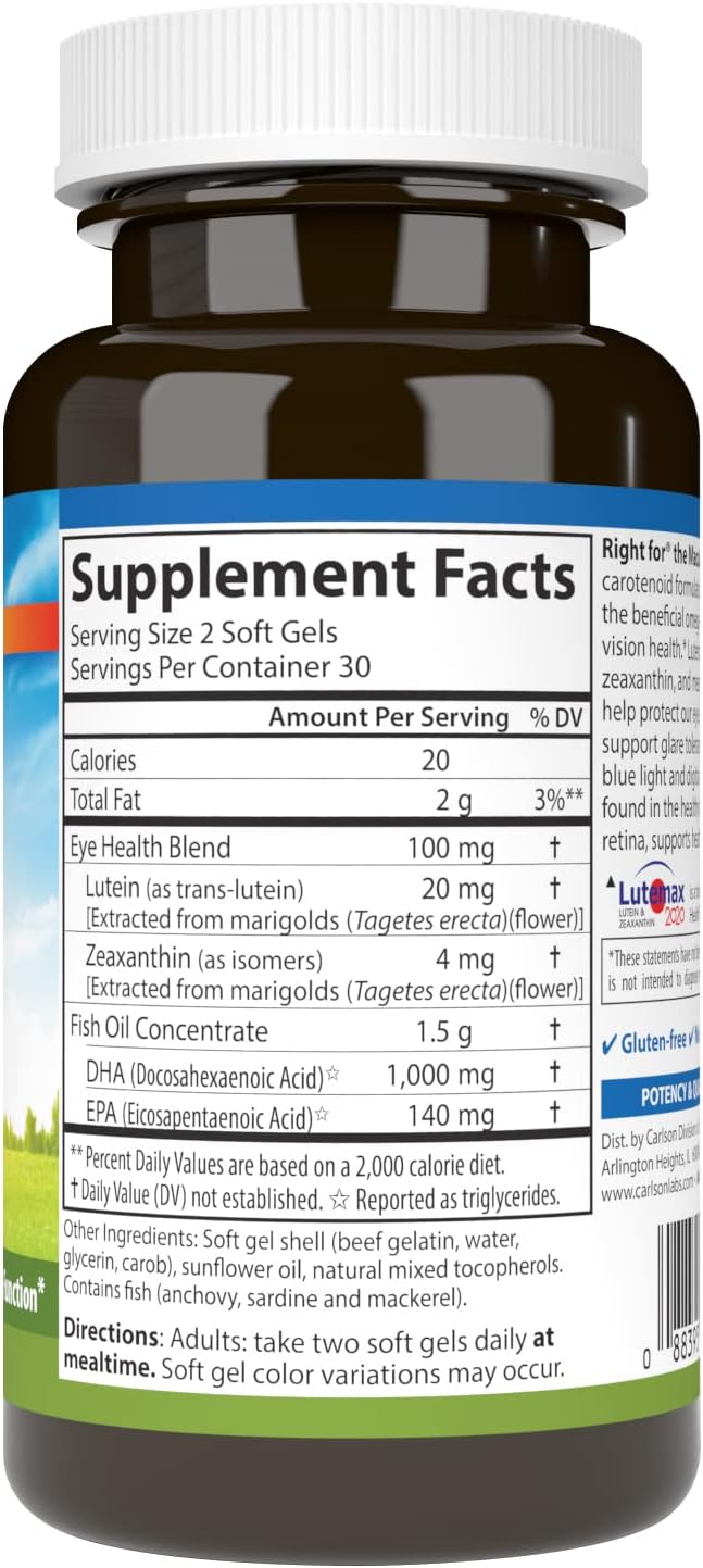 Carlson Right for The Macula, Made with Lutemax 2020, 60 Softgels | Clinically Proven to Support Vision Health, Macular Health, Blue Light Protection