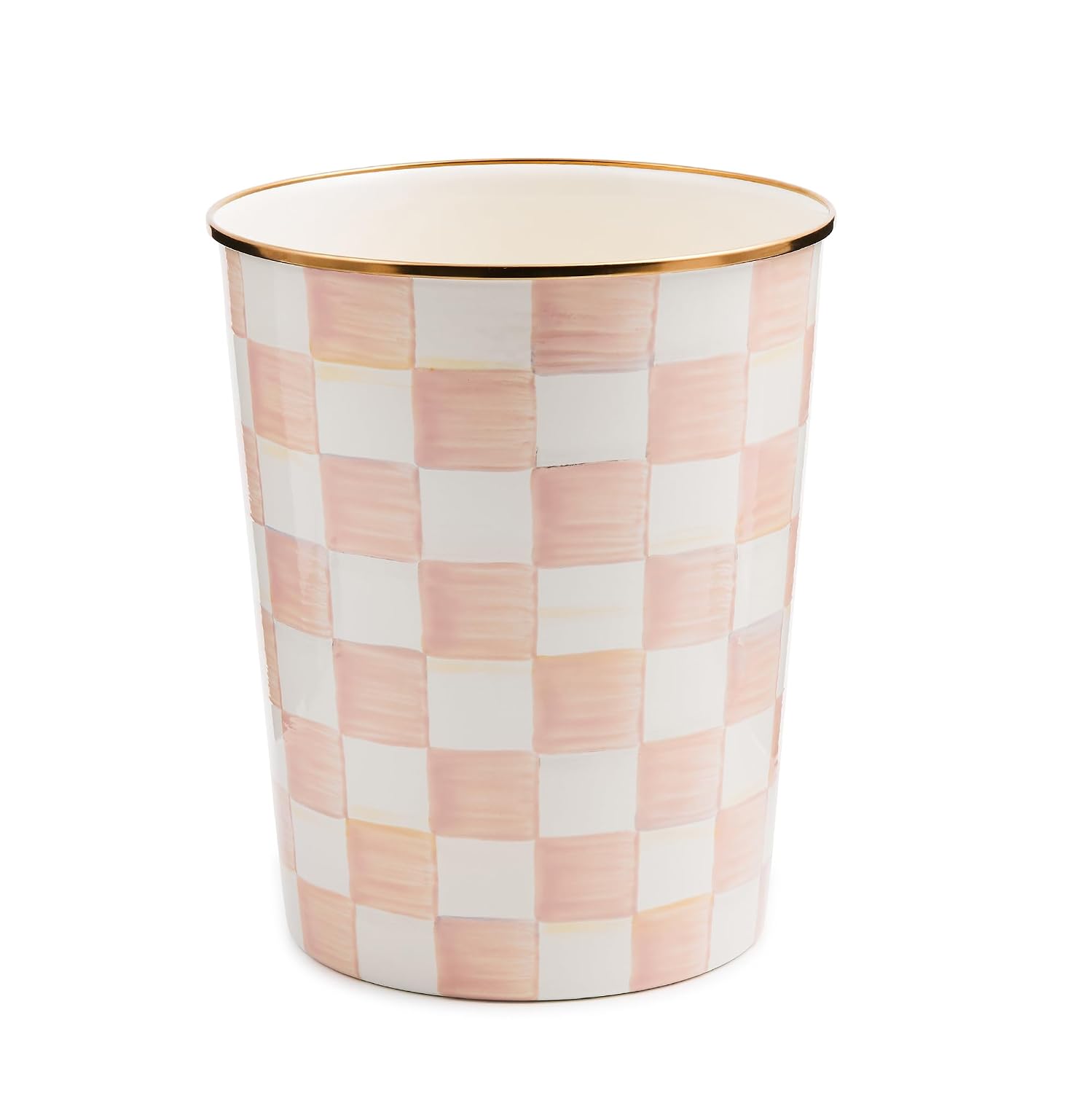 MACKENZIE-CHILDS Waste Bin, Black-and-White Courtly Check | Hand-painted design, made from enameled steel, decorative bedroom or bathroom trash can, 8" dia. x 9.5" H