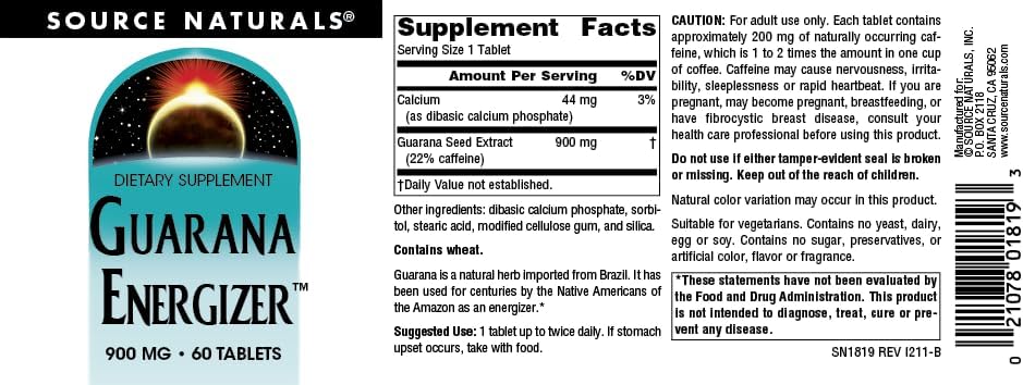 Source Naturals Guarana Energizer, 900 mg -100 Tablets | Energy Booster