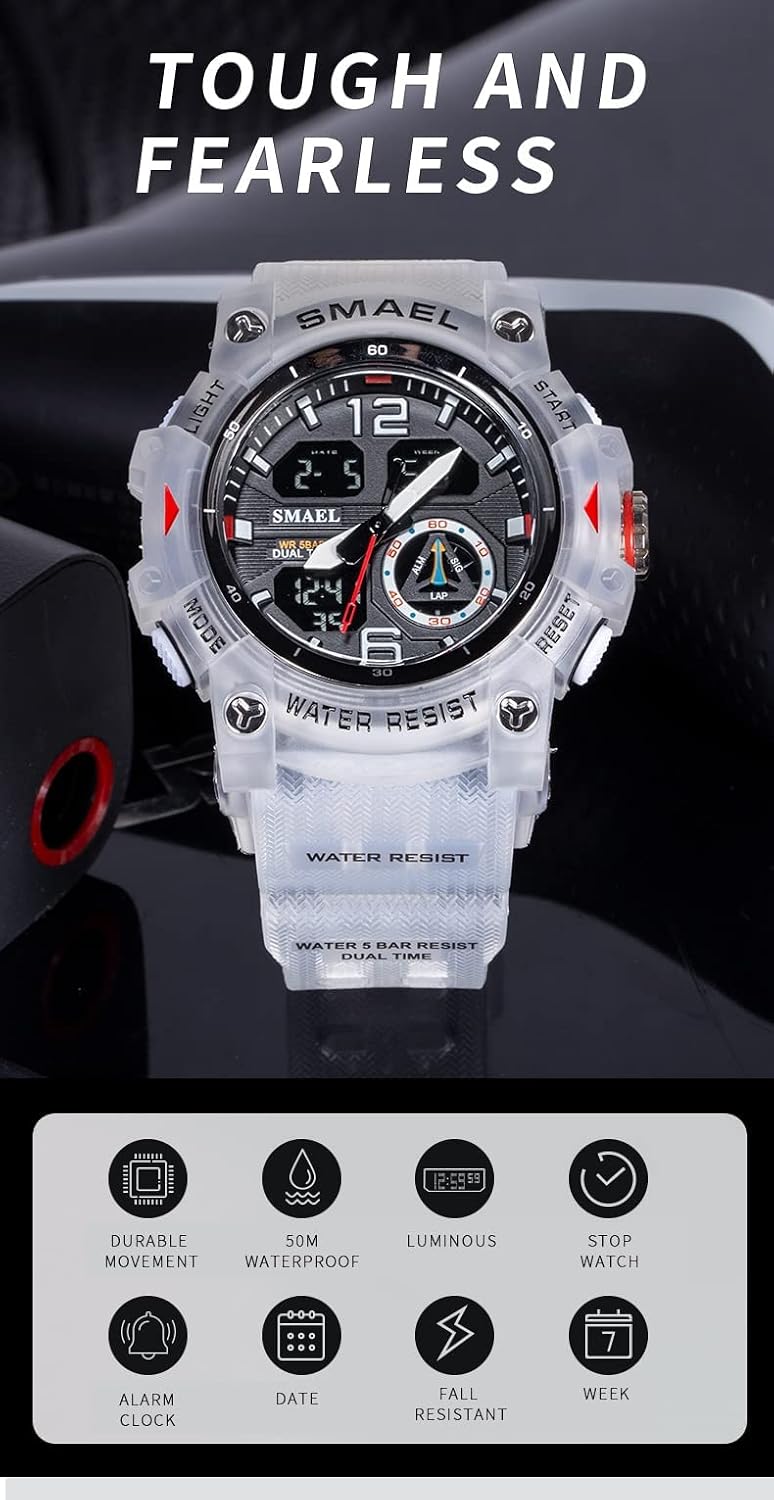 Gosasa Men's Large Face Outdoor Sports Watches Military S-Shock Watch Waterproof, Backlight, Alarm, Stopwatch Features - Rugged Wristwatch for Training, Hiking, and Adventure