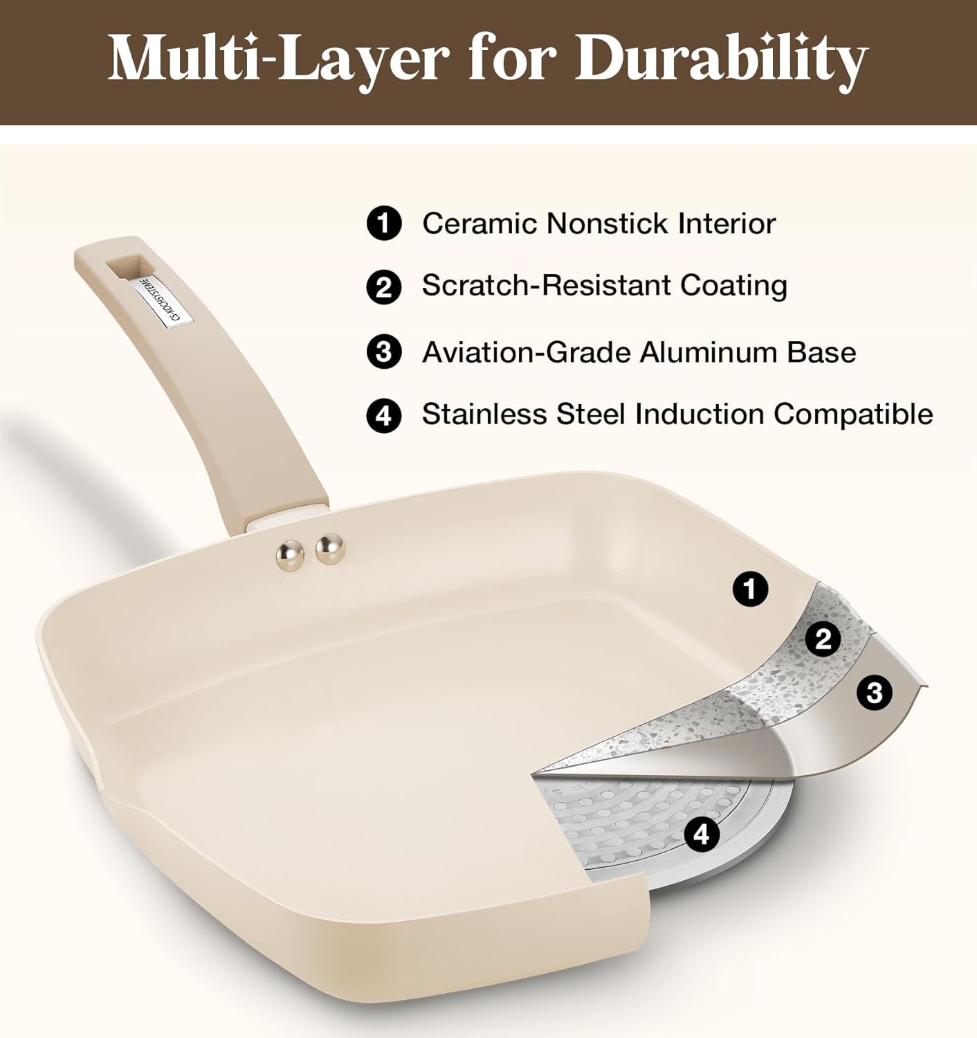 KOCH SYSTEME CS 9.5 Inch Nonstick Grill Pan for Stove Tops, Marble Coating Square Grill Skillet with Lid, Fry Pan Compatible with all Stoves