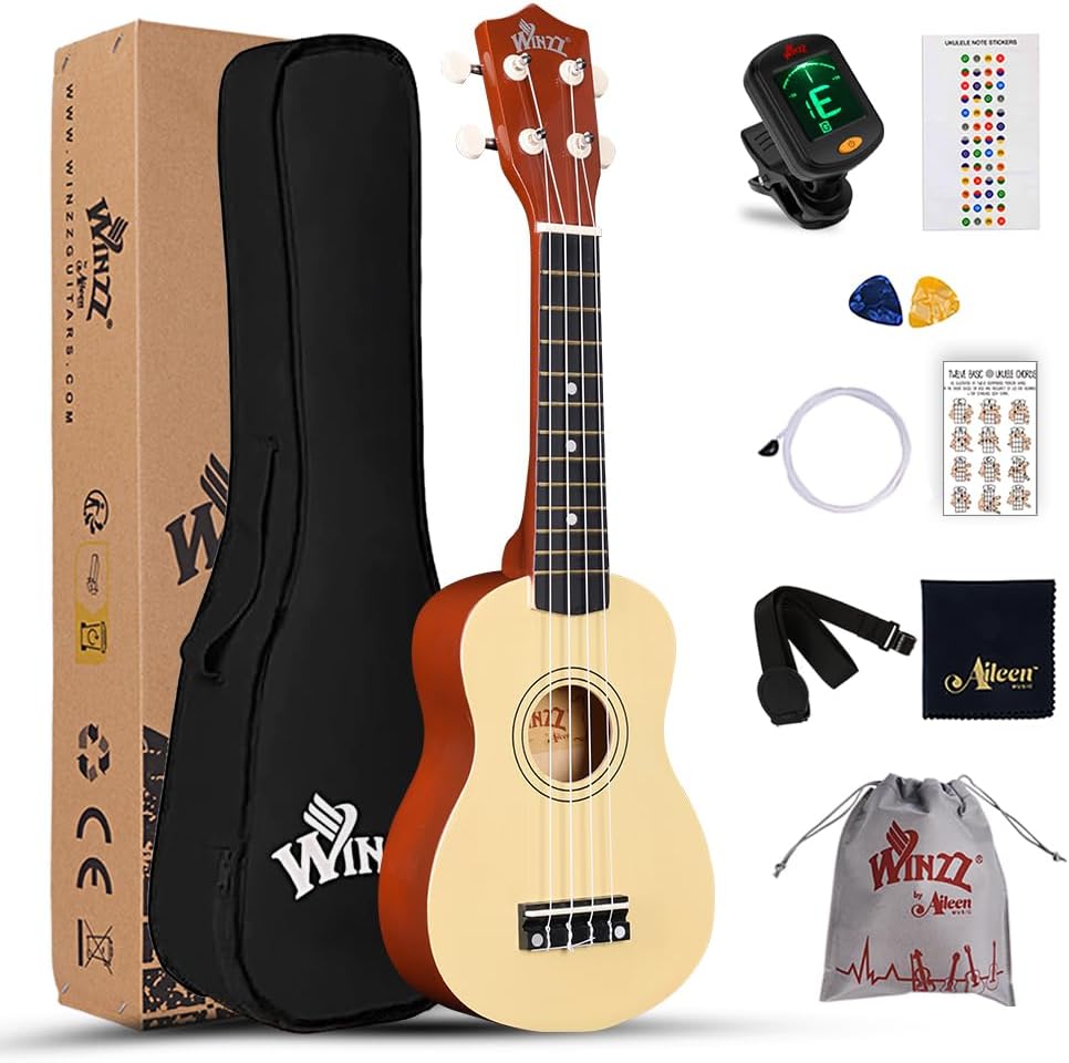 Winzz Soprano Ukulele Starter Kit For Beginners with Bag, Clip-On Tuner, Extra Strings, Strap, Plectrum, Fret Stickers, Chords Card, Polishing Cloth, Black