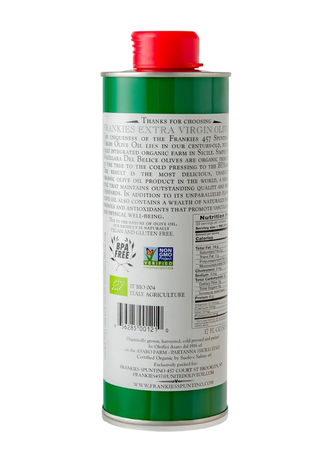 Frankies 457 Organic Extra Virgin Olive Oil, 33.8 fl oz (1L) | Premium 100% Castelvetrano Olive Oil, High Polyphenol, First Cold Pressed, Early Harvest in Sicily