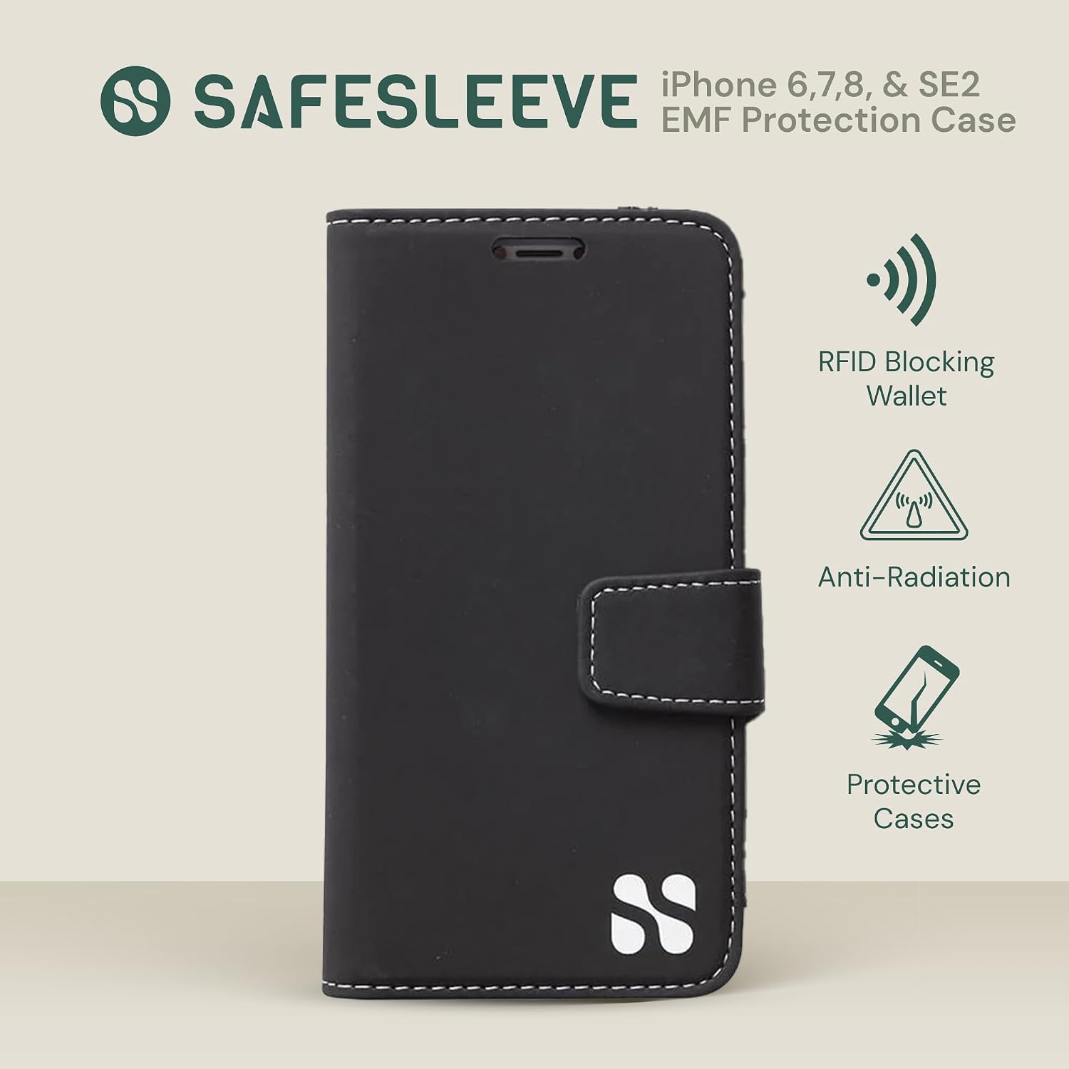 SafeSleeve EMF Blocking Wallet Case for iPhone 6/7/8, Black | EMF Blocker, Card Data Protection, Magnetic Closure, Leather Folio Protection for Daily Use