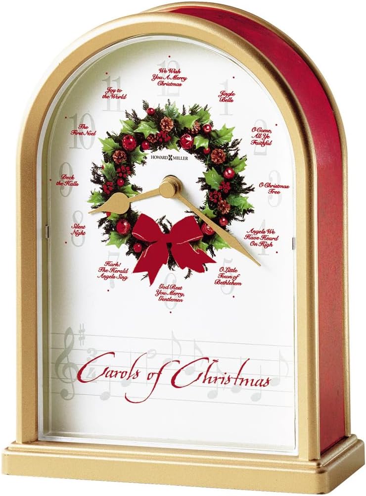 Howard Miller Carols of Christmas II Tabletop Clock – Satin Brass Finish, 12 Classic Carols, Hourly Chime, Battery Operated, Festive Wreath Design