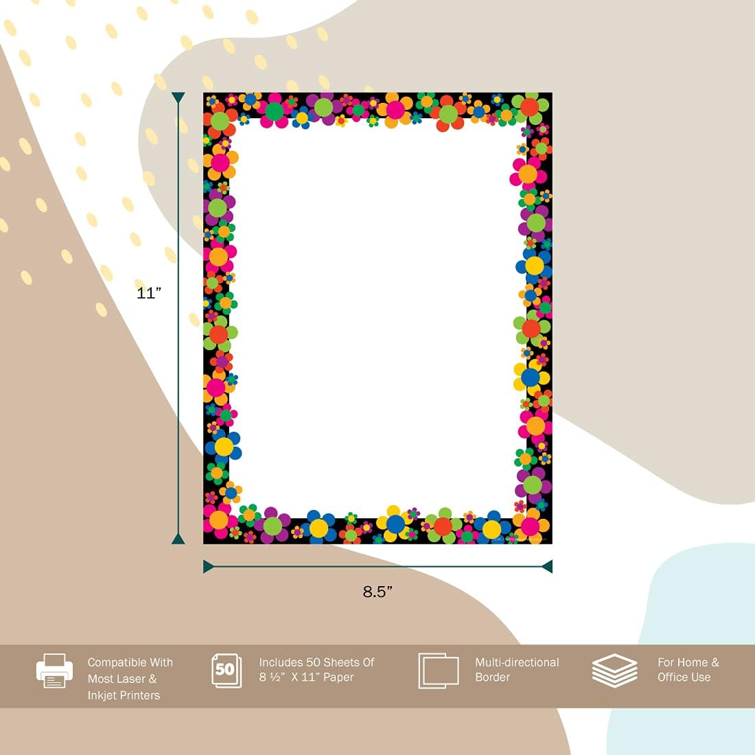 BARKER CREEK Designer Computer Paper, Neon Flower Power, 8.5” x 11”, Decorative Printer Paper, Stationery, 50 Sheets per Pkg, Home