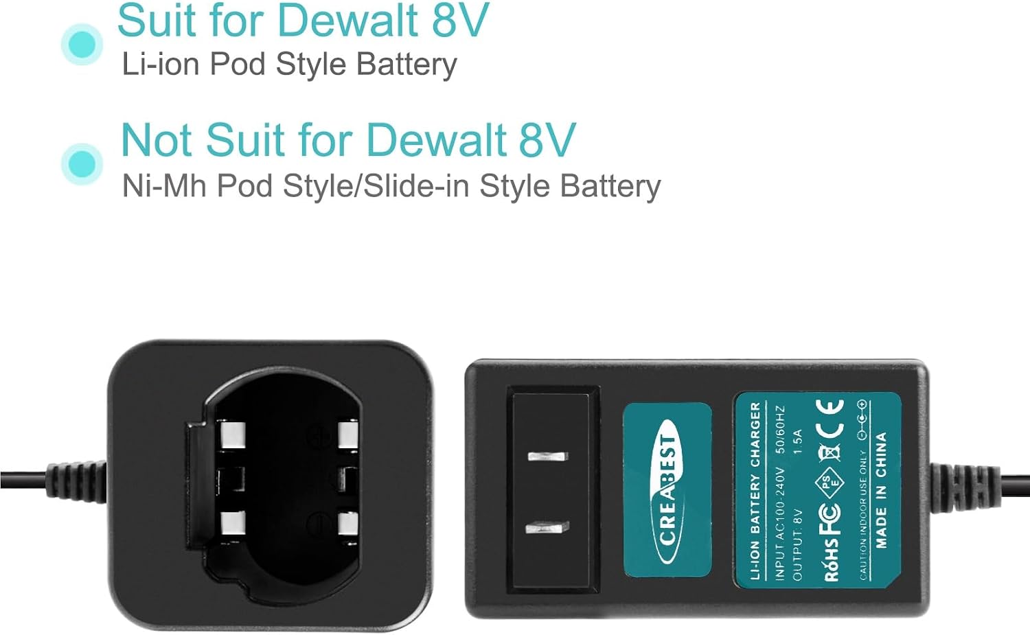 Creabest 8V Li-ion Battery Charger Compatible with Dewalt DCB080 DW4390 | DCF680N1 DCF680N2 DCF680G2 (Not for Ni-Mh/Ni-Cd Batteries)