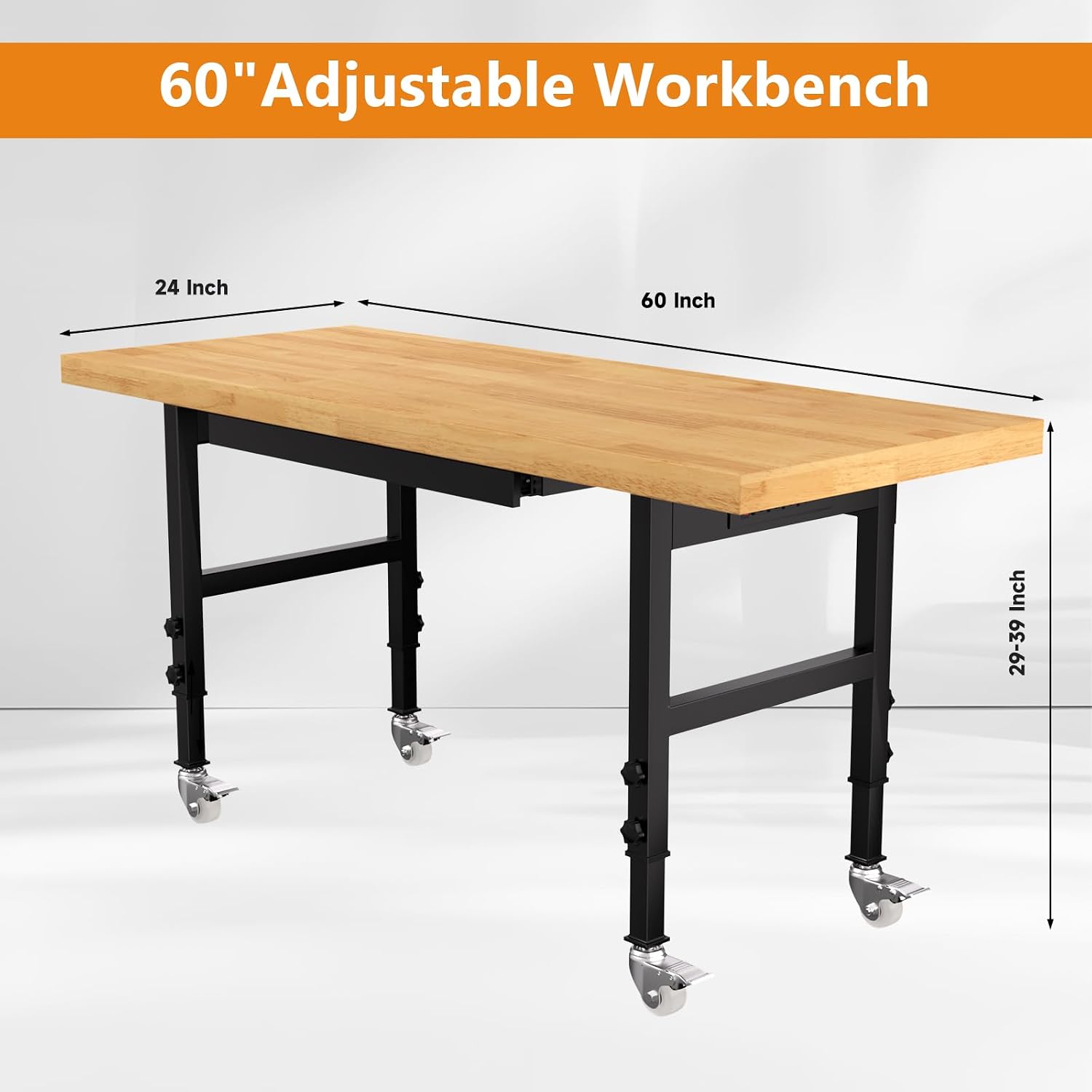 48" Heavy Duty Work Bench with Drawers, Adjustable Height Workbench with Wheels, 2000 LBS Capacity Work Table with Power Outlets for Garage, Workshop, Office, Home